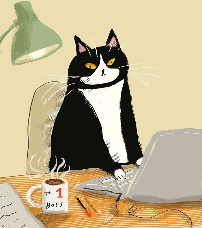 Cozy illustration by Jamie Shelman of a black and white cat with a "#1 Boss" mug and a laptop.