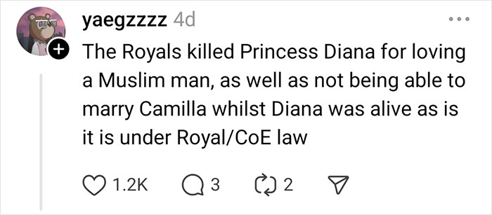 Social media post discussing celebrity rumors about Princess Diana and the royal family.