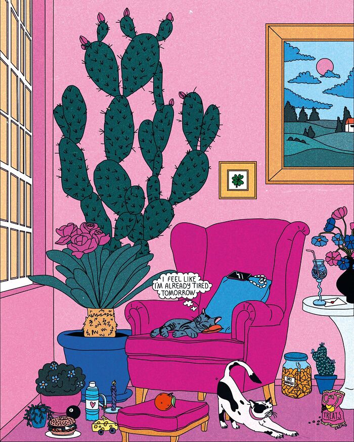 Vibrant humorous illustration with a cat on a pink chair, cactus, and scattered objects, showcasing a sarcastic vibe.