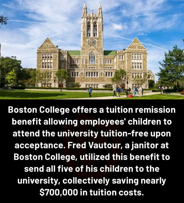 Boston College campus with text about tuition remission benefit for employees' children, highlighting a fascinating fact.