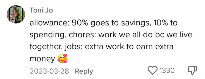 Comment on parents not paying children for chores, highlighting savings and shared responsibilities, liked by many users.