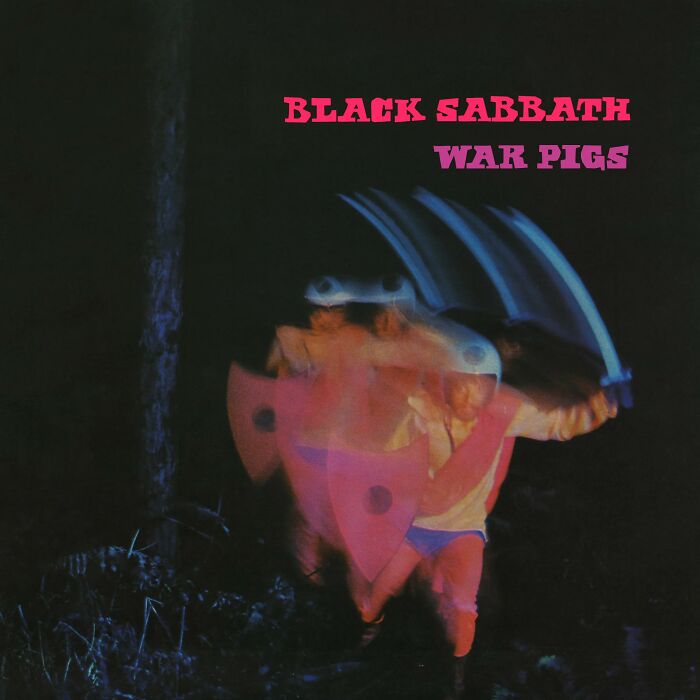 Blurred image of a person in motion with vibrant colors, featuring "Black Sabbath War Pigs" text.