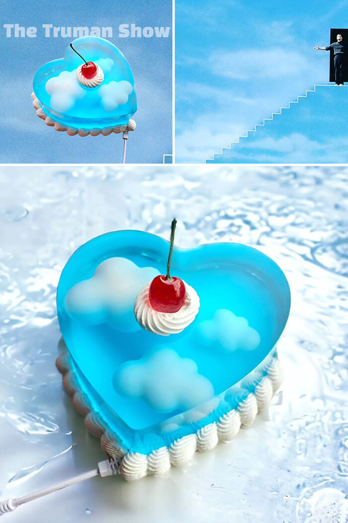 Artist's cake-like storage box inspired by “The Truman Show” features blue sky and clouds design with a cherry on top.