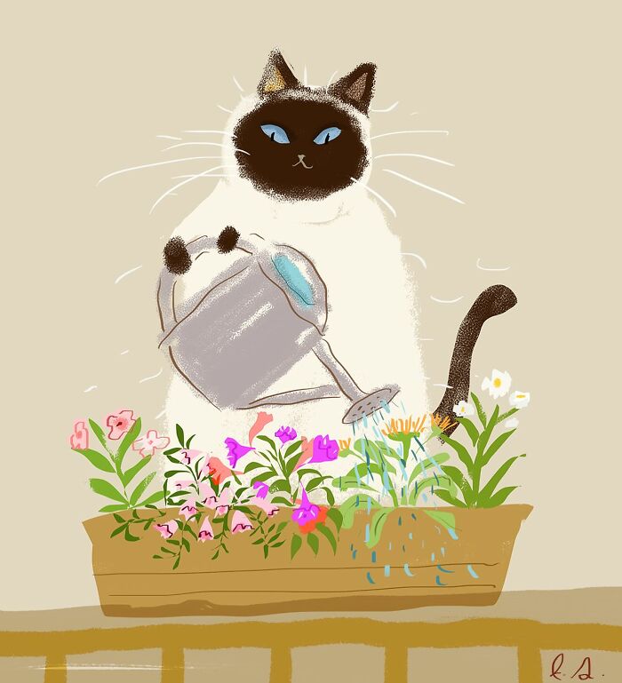 Illustration of a cat watering flowers, perfect art for cat lovers.