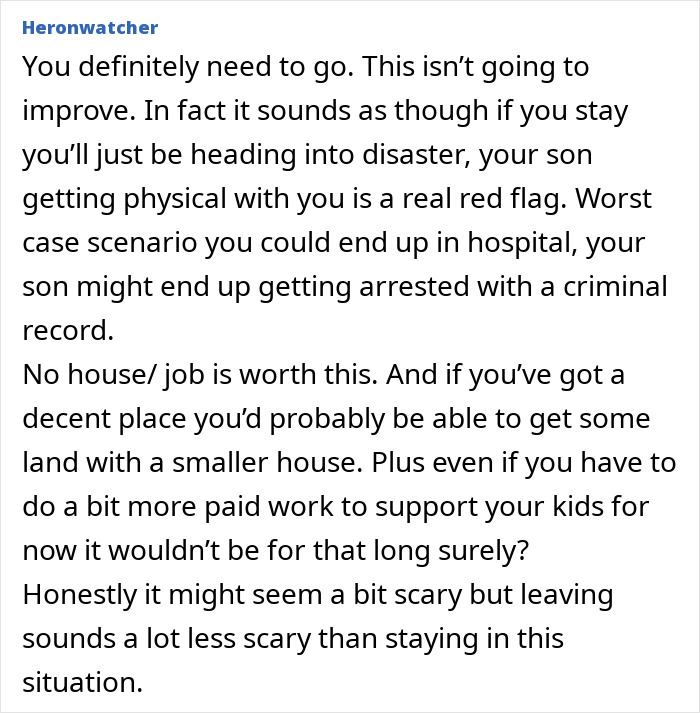 Text advice on leaving a difficult situation for safety, mentioning potential legal issues and financial considerations.