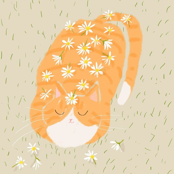 Cozy illustration of a sleeping orange cat covered in daisies, perfect for cat lovers.