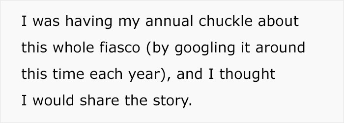 Text discussing an annual chuckle over an apartment scam fiasco, prompting a story share.