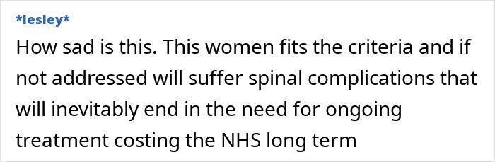 Comment discussing breast reduction and potential spinal complications for NHS patients.