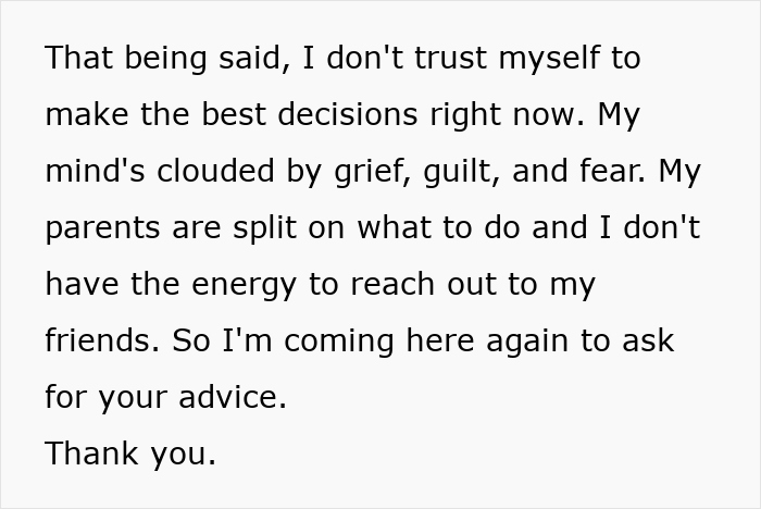 Text expressing grief, guilt, and a plea for advice amid infidelity accusations and tragedy.