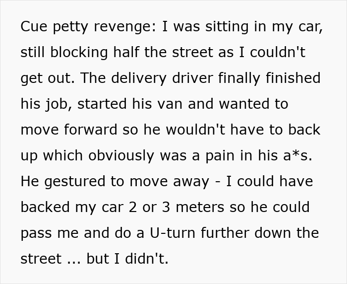 Text describing a situation involving a black driveway and a van, highlighting a petty act of revenge.