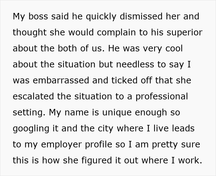 Text discussing a professional complaint escalated by a coworker, involving a unique name search leading to employer info.