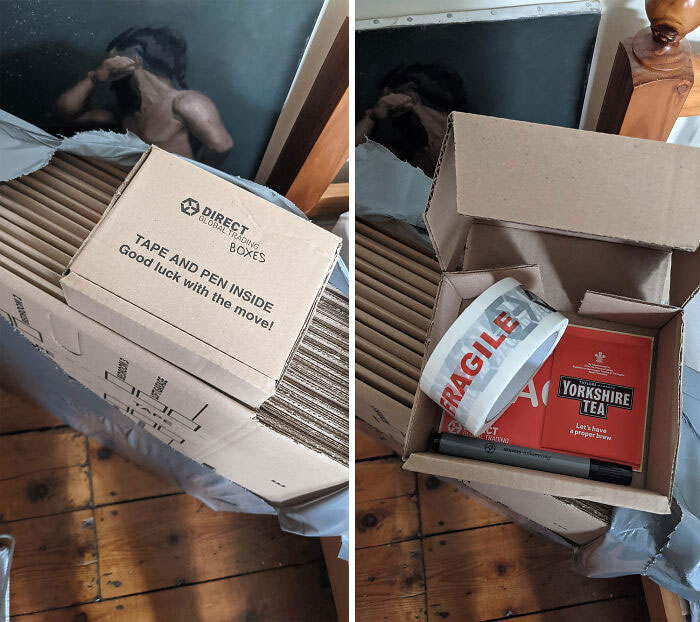 Cardboard box with surprise items: tape, pen, and Yorkshire tea, showcasing a cool product with hidden delights.