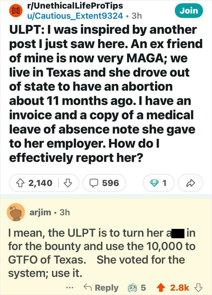 Reddit post discussing an unethical tip about reporting someone for a past abortion, suggesting a dystopian situation.