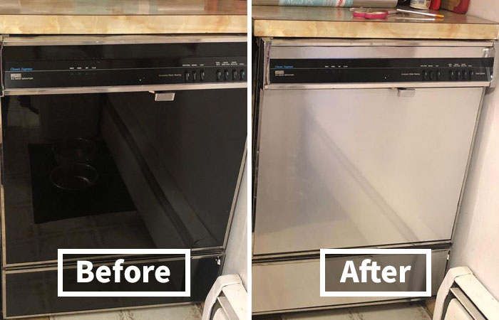 "Dishwasher transformation with renter friendly upgrades, showing a before-and-after comparison in a kitchen setting."