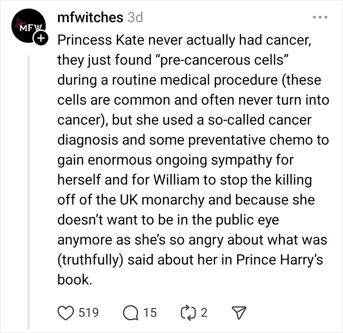 Social media post discussing a celebrity rumor about Princess Kate's medical condition.