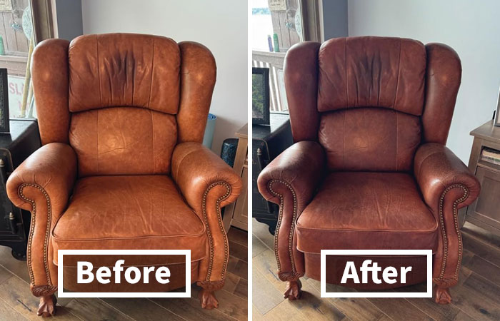 Before and after comparison of a restored leather armchair, modernizing apartment furniture.