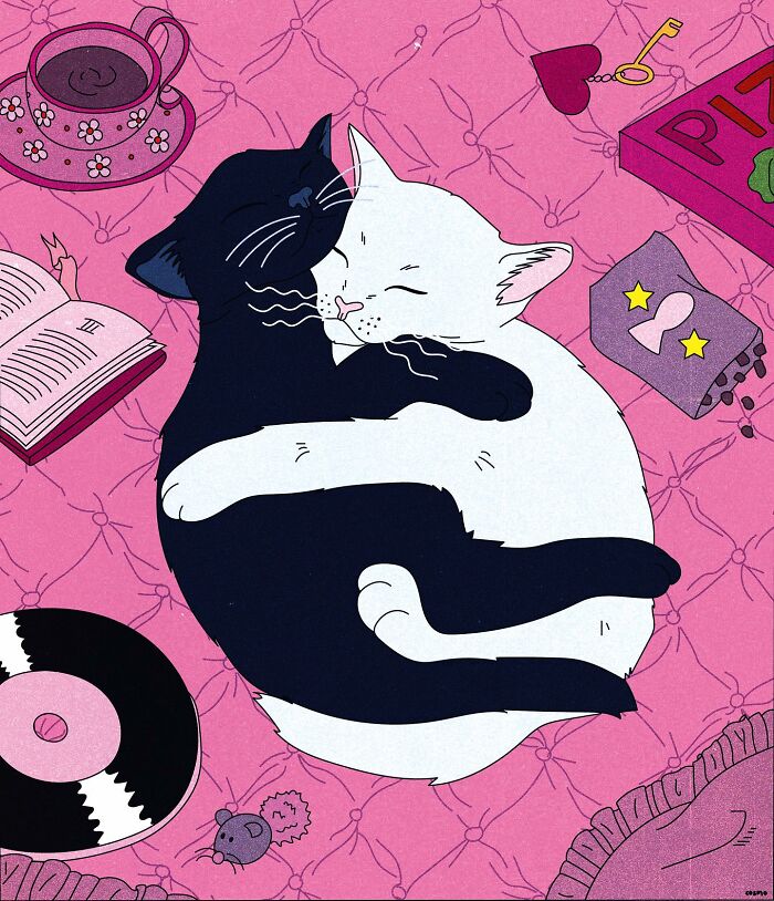 Two cartoon cats cuddling on a pink background, surrounded by playful items.