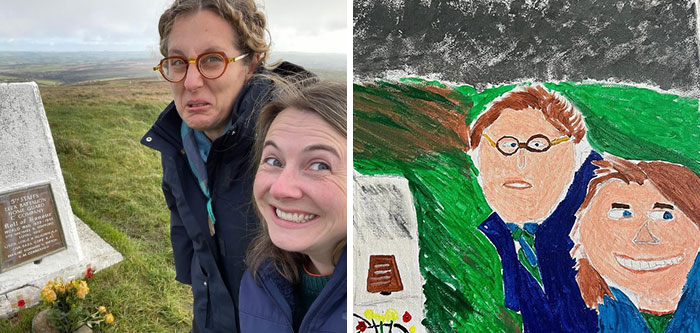 Man’s painting of wife goes viral, showing couple outdoors with a humorous expression and their artistic rendition.