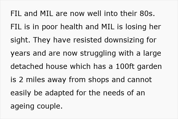 Text describing elderly in-laws' challenges with health and large home.