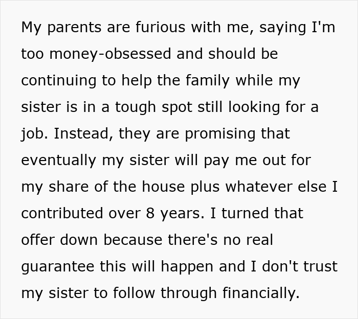 Text about family dispute over mortgage contributions and financial trust issues with jobless sister.