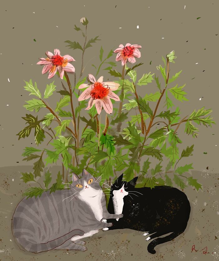 Cozy illustration for cat lovers: two cats snuggled under blooming flowers, by Jamie Shelman.