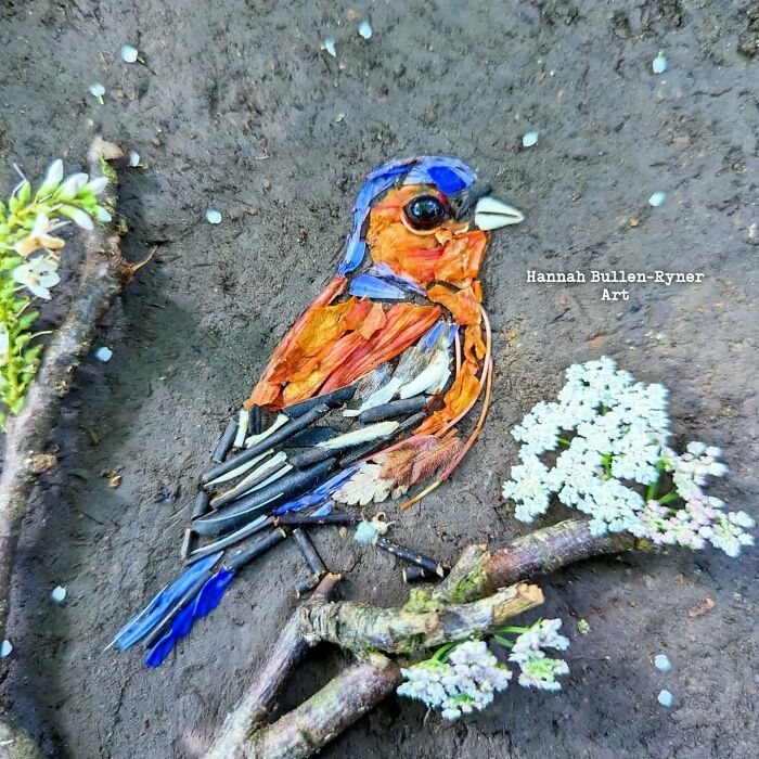 Nature material bird portrait, detailed Earth art by artist, featuring natural textures and colors.