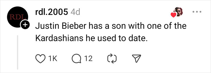 Social media post discussing a celebrity rumor involving Justin Bieber and a Kardashian.