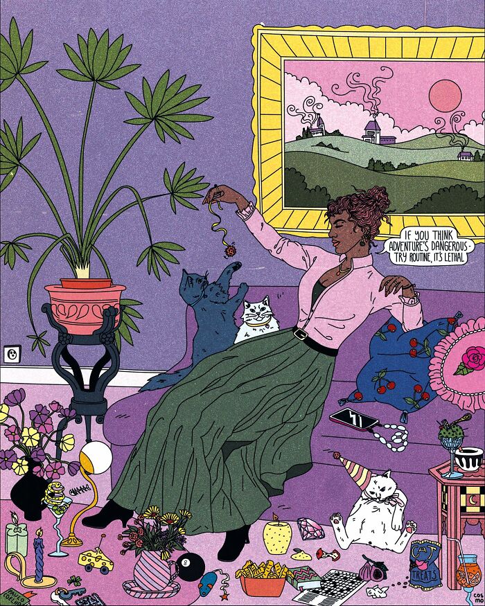 Vibrant illustration with a woman on a couch, surrounded by whimsical cats and bright decor, adding humor and sarcasm.