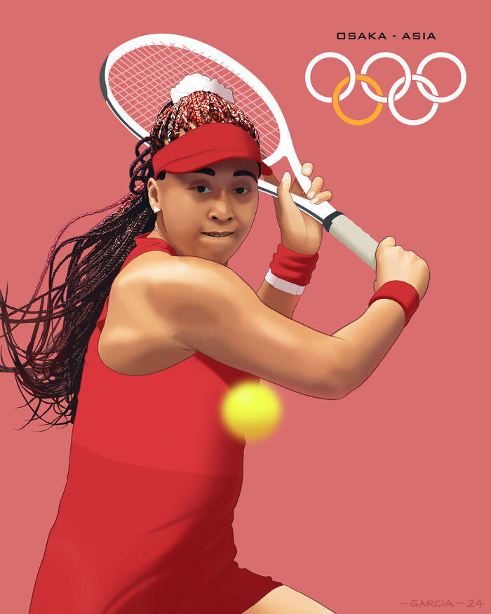 An athlete in a red outfit and cap playing tennis.