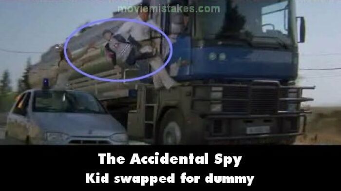 Accidental Spy scene shows funny movie mistake with a kid swapped for a dummy.