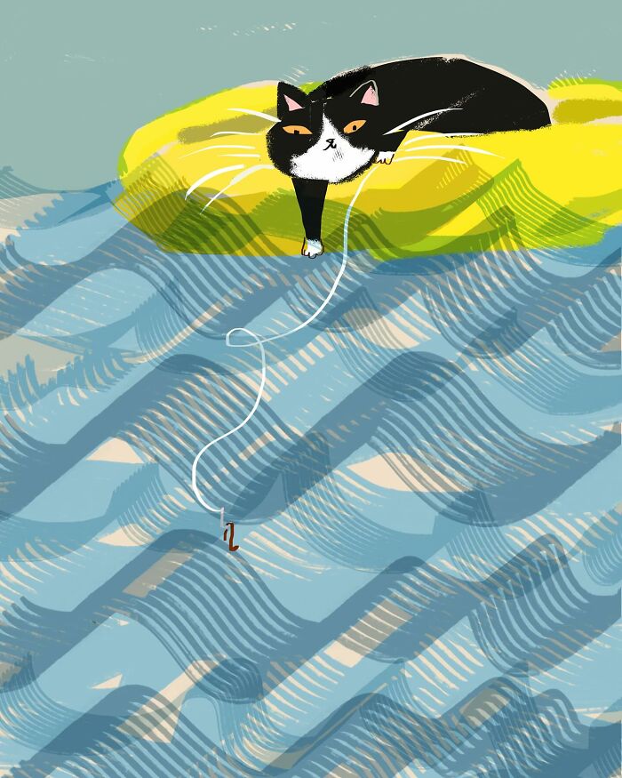 Illustration of a black and white cat lounging on a yellow float, with a fishing line in a patterned, blue wavy water.