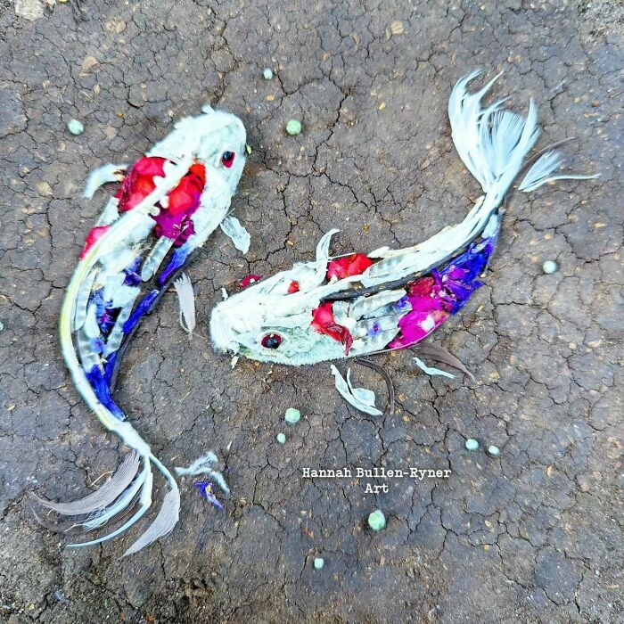 Two koi fish created from natural materials on cracked earth, showcasing detailed earth art animal portraits.