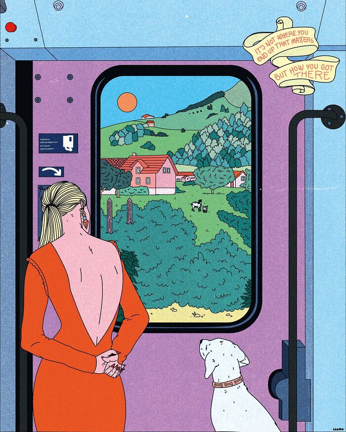 Vibrant illustration of a woman and a dog on a train, viewing a scenic landscape with humor and sarcasm.