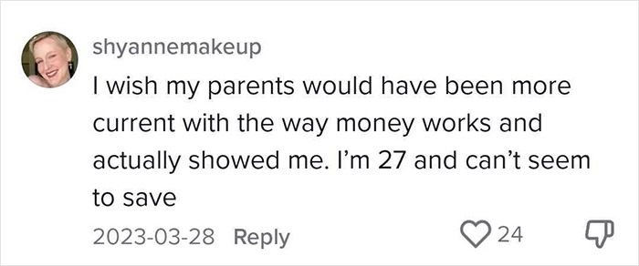 Comment about not learning money management from parents, with 24 likes.