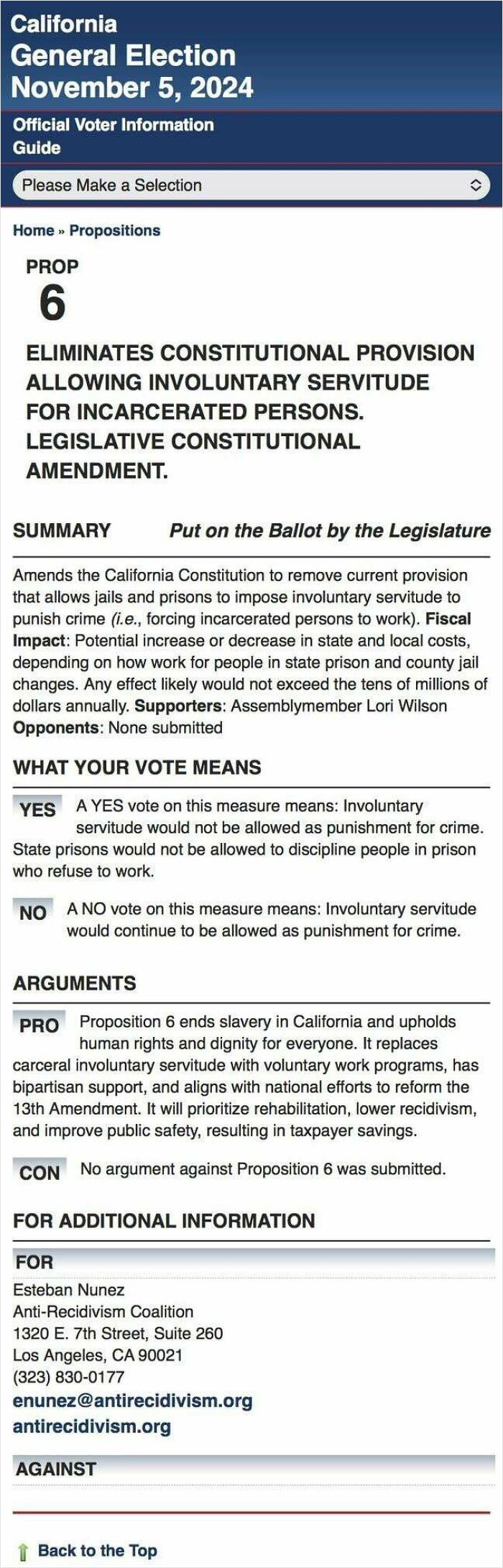 California voting guide for Prop 6, addressing involuntary servitude and constitutional amendment in the upcoming election.