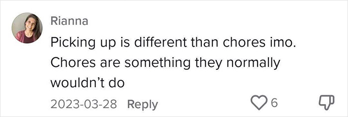 Text comment discussing difference between chores and picking up; popular sentiment on not paying kids for chores.