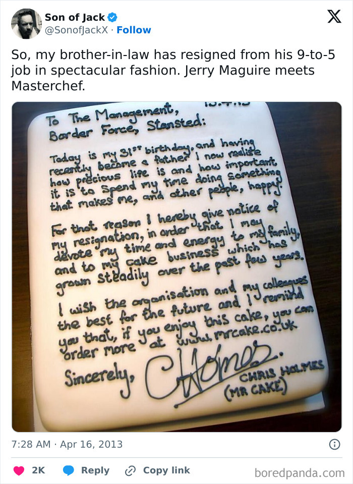 Resignation letter written on a cake with icing, creatively highlighting people quitting jobs.