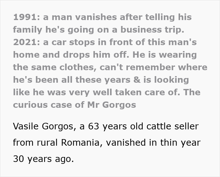 Text about Vasile Gorgos's mystery disappearance and return after being missing for 30 years.