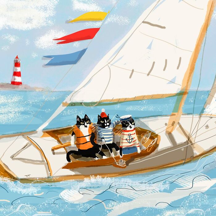 Cats in sailor outfits enjoying a boat ride with a lighthouse in the background.