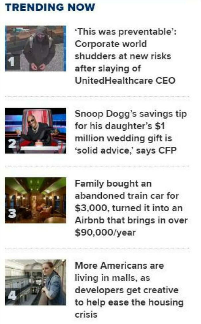 Trending news highlights suggest a boring dystopia with corporate risks and unconventional living solutions.