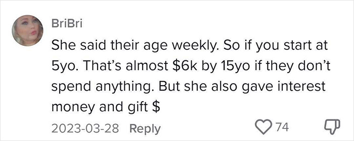 Comment discussing saving money for children over time, emphasizing financial lessons rather than paying for chores.