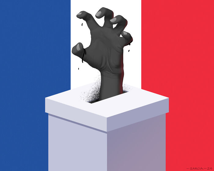 Illustration of a hand emerging from a ballot box against a French flag backdrop, symbolizing political themes.