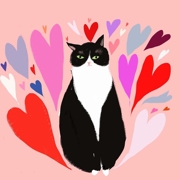 Illustration of a black and white cat surrounded by colorful hearts, perfect art for cat lovers.