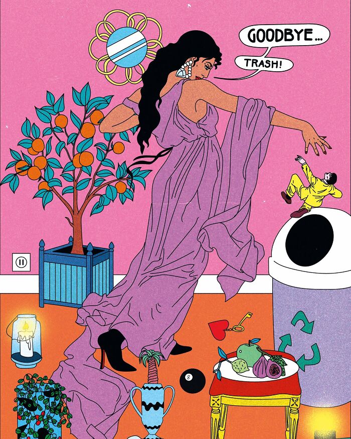 Vibrant illustration of a woman in a flowing gown, humorously tossing a small man into a trash can with sarcasm.