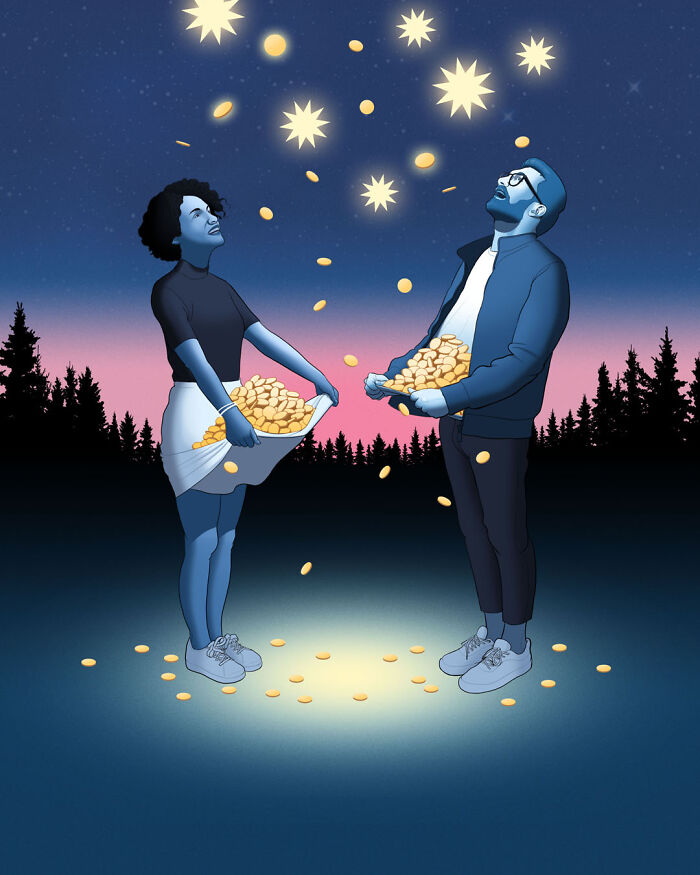 Two people under a starry sky, catching glowing coins in a surreal setting, illustrating political and social themes.