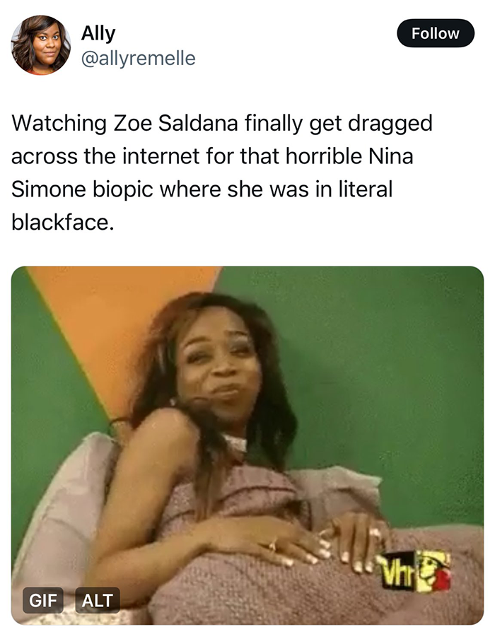 A tweet discusses Zoe Saldaña's blackface controversy, referencing her role in a Nina Simone biopic.