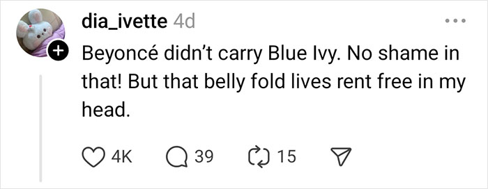 Social media post discussing a celebrity rumor about Beyoncé and Blue Ivy, mentioning a notable belly fold.