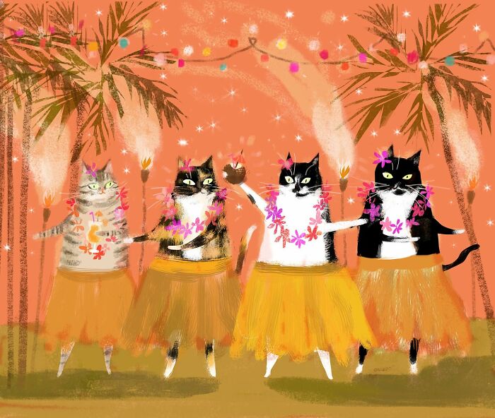 Four cats in hula skirts dance under palm trees. Cozy art for cat lovers by Jamie Shelman.