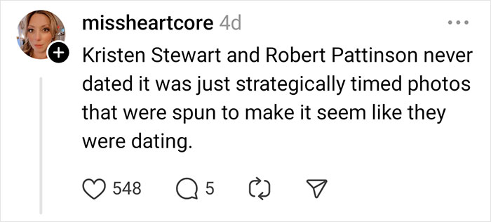 Social media post claiming celebrity rumors about Kristen Stewart and Robert Pattinson's relationship were fabricated.