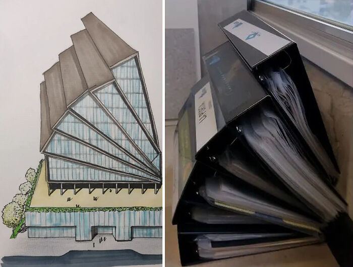 Architectural sketch inspired by stacked binders creatively representing building design.